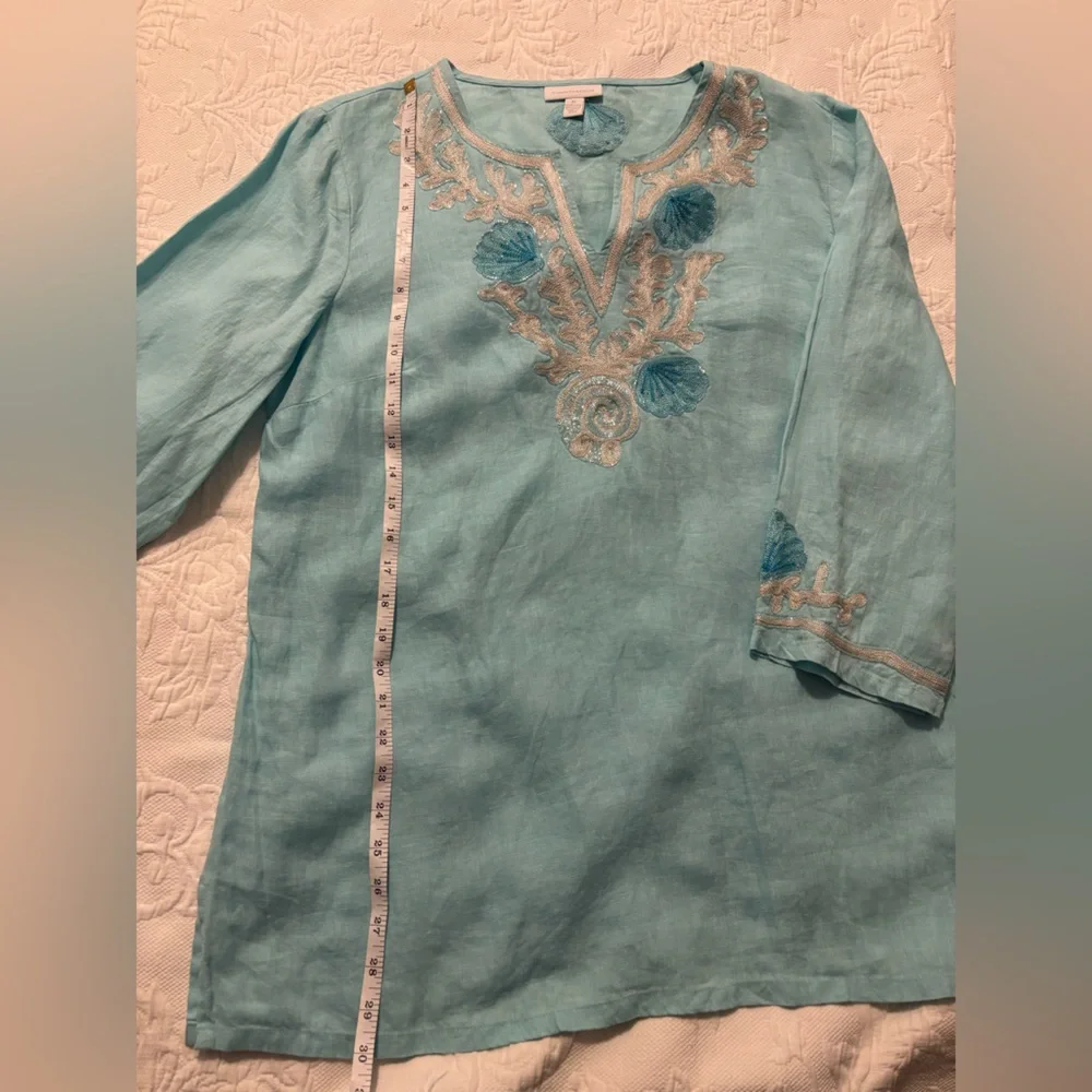 Aqua blue Charter Club 100% linen tunic with intricate nautical themed beads. - Picture 5 of 14